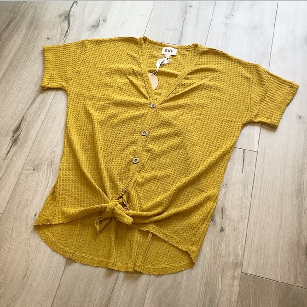 Waffle knit mustard yellow top. - Picture 3 of 5